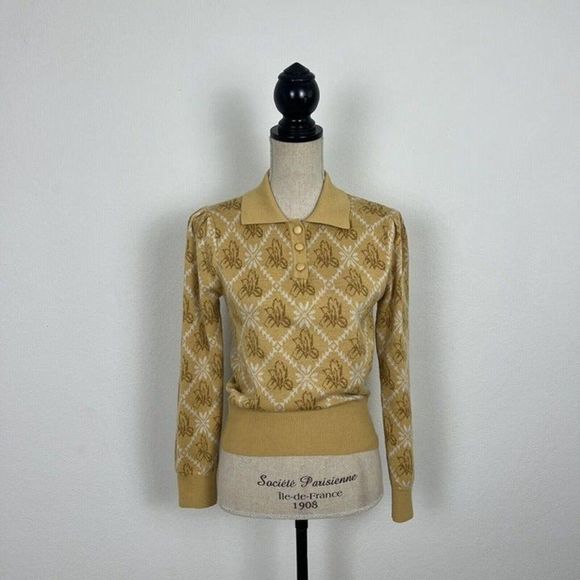 Simple Retro Yellow Floral Polo Contrast Collar Wool Knit Sweater Sz Small NWOT - Picture 2 of 11